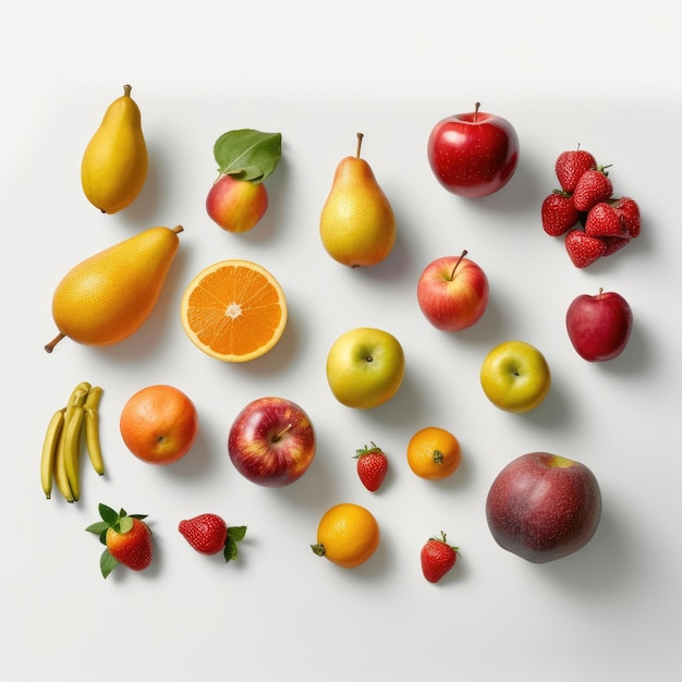 색 배경에 고립 된 다양한 과일의 콜라지 3d 렌더링
