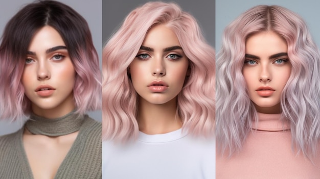 A collage of different images of a woman with pink hair