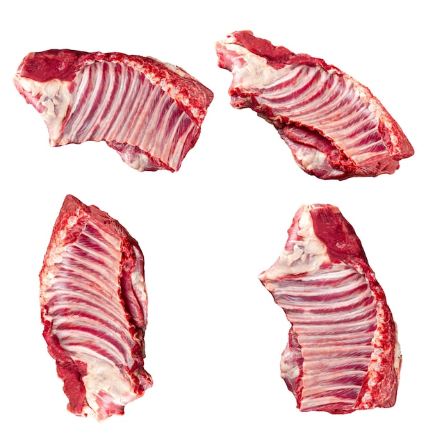 Photo collage of different isolated raw beef ribs meat