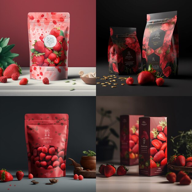 A collage of different packaging designs including strawberries and nuts.