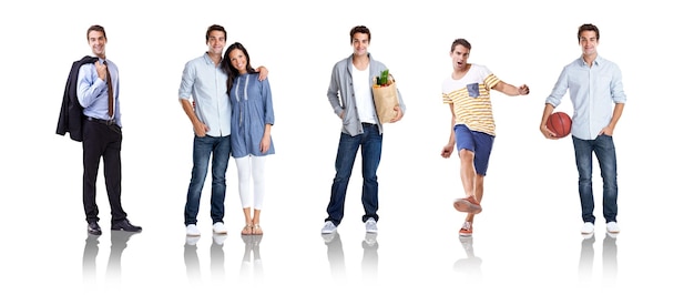 Collage different and portrait of a man with activities isolated on a white background in studio Routine tasks and montage of a guy at work with wife and shopping while playing sports on backdrop