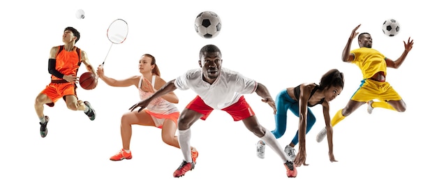 Photo collage of different professional sportsmen, fit men and women in action and motion isolated on white background. made of 4 models. concept of sport, achievements, competition, championship.