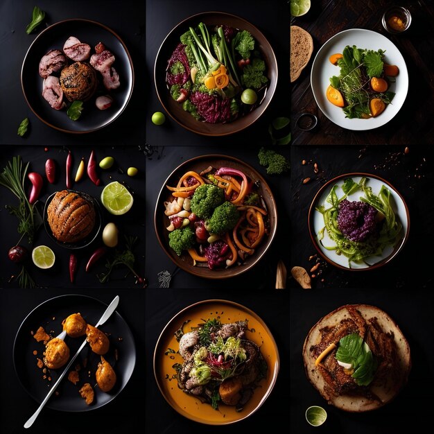 Photo collage of different salads and food on black background top view generative ai