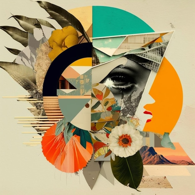 A collage of different shapes and colors with a woman's face.