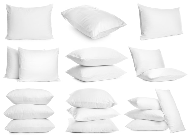 Photo collage of different soft pillows on white background