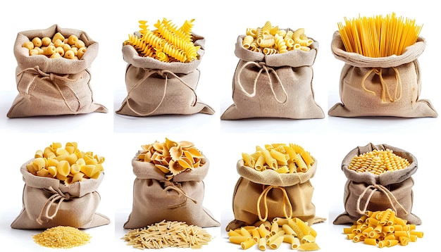 Collage of different types of Italian pasta in bags on white background