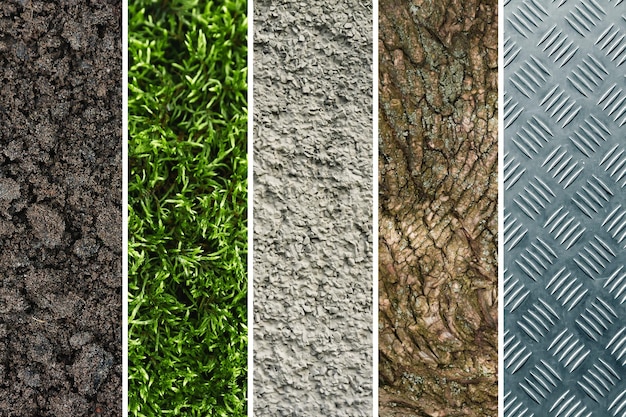 A collage of different types of material textures A set of vertical images earth grass stone wood metal