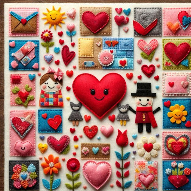 Photo collage digital art many heart shaped and love symbol elements background felt art valentines love