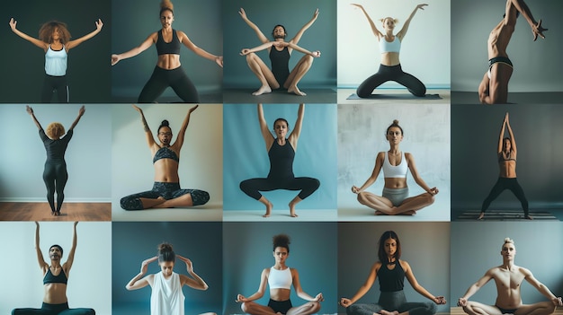 Foto un collage di diverse donne che praticano yoga in varie pose, tutte indossano diversi tipi di abbigliamento yoga e si trovano in ambienti diversi.