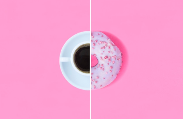 Collage of donut with pink glaze and coffee cup on the pink background Top view Copy space