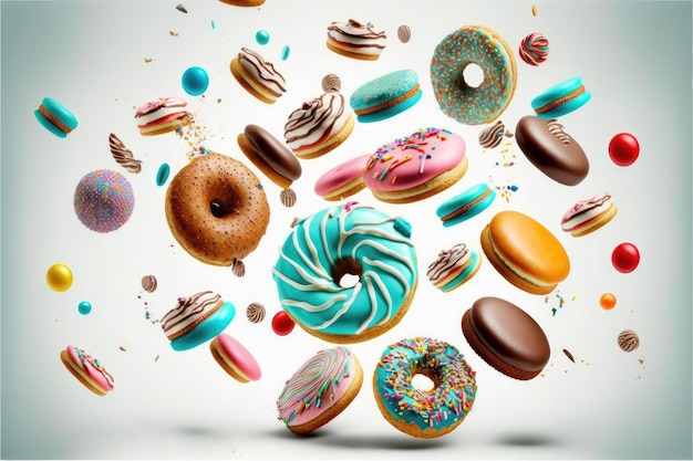 A collage of donuts with different colors and sprinkles.