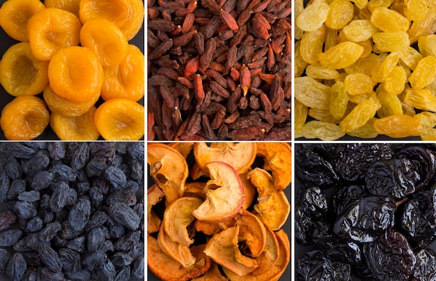 Collage of dried berry and fruit on the black background Closeup