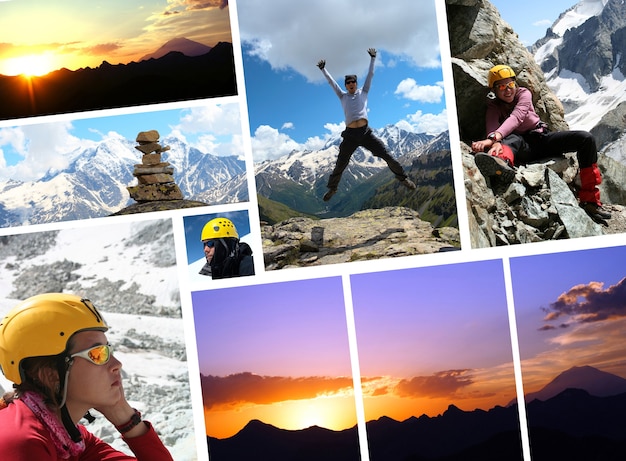 collage - early morning elbrus and hikers  with blue sky in the background