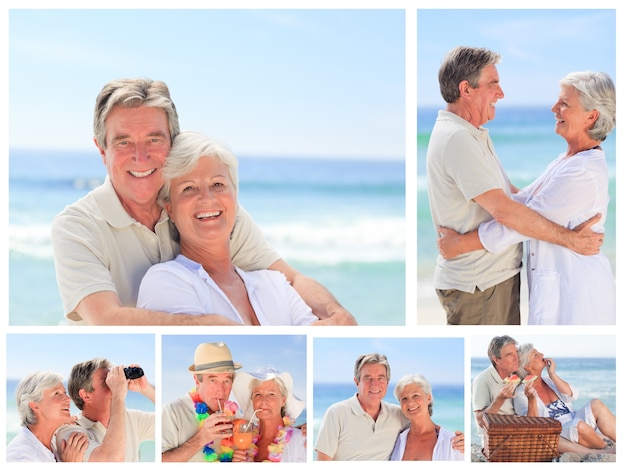 Collage of an elderly couple enjoying moments on a beach