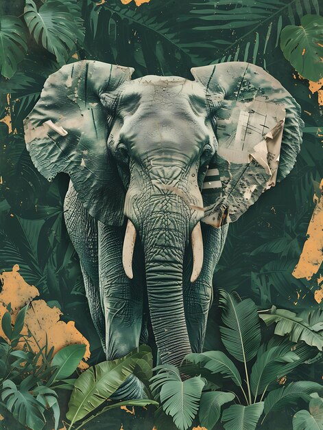 Collage of elephant in a jungle scene with torn magazine collage surrea poster flyer concept style