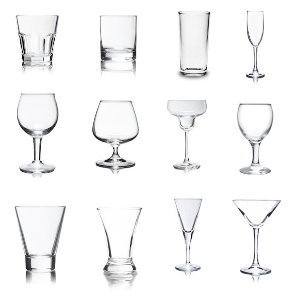 Collage of empty glasses isolated on white