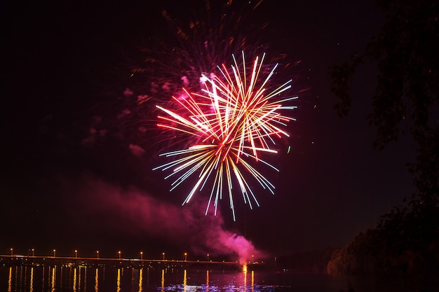 Un collage di fuochi d'artificio che esplodono nella notte. decorato con punti luce. buono per lo sfondo delle vacanze.