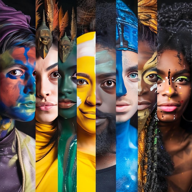 Collage of faces with colorful body paint