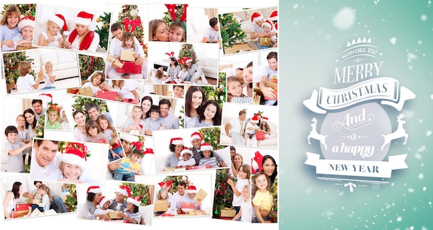 Collage of families celebrating Christmas against green vignette