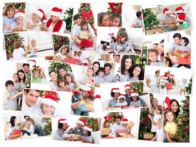 Collage di famiglie che celebrano il natale