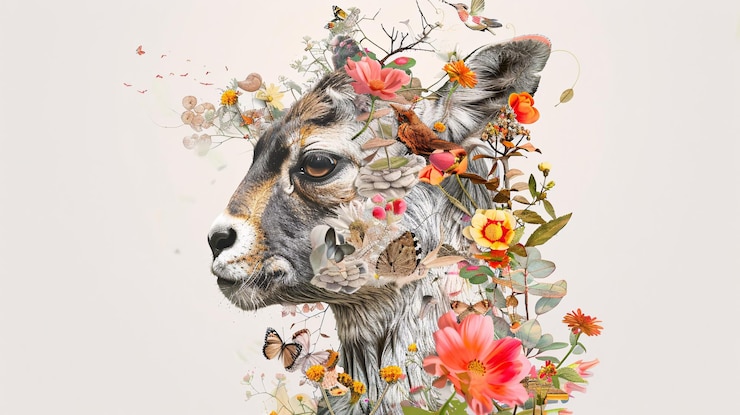 Photo collage featuring animal portraits and nature elements with a playful twist