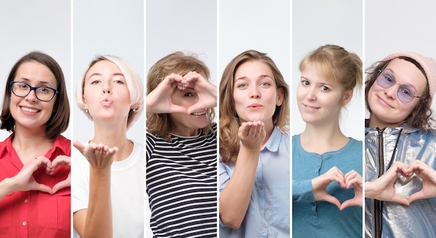 Collage of female portraits women sending air kiss or showing heart gesture Studio shot