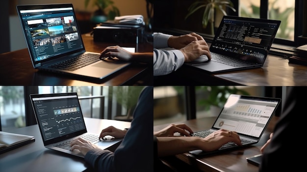 Коллаж из четырех изображений человека, использующего ноутбук