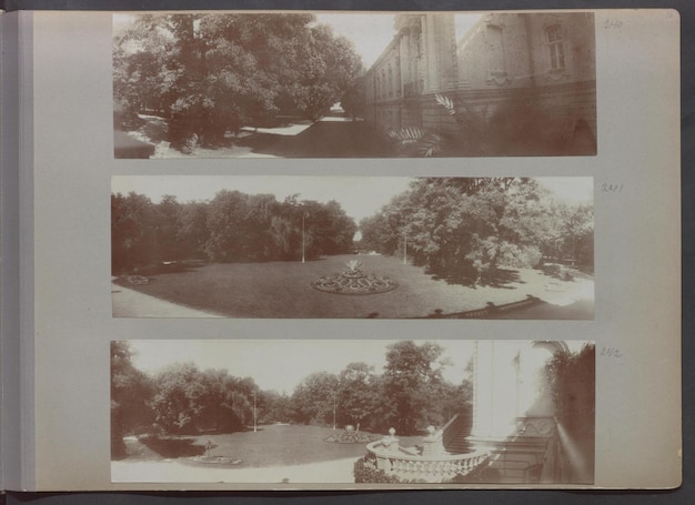 a collage of four pictures of a pond with a boat in the middle