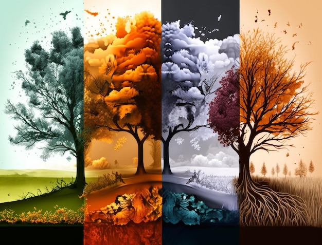 Photo collage of four seasons of the year autumn winter spring summer generative ai