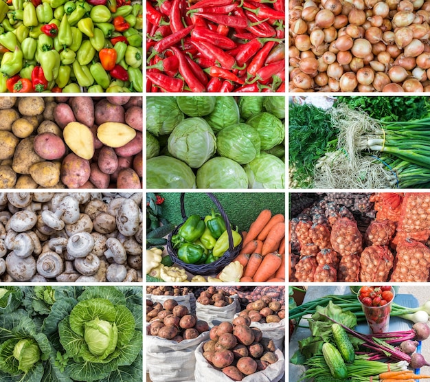 Collage di verdure fresche del nuovo raccolto il mercato vende peperoni, cipolle e altri ortaggi