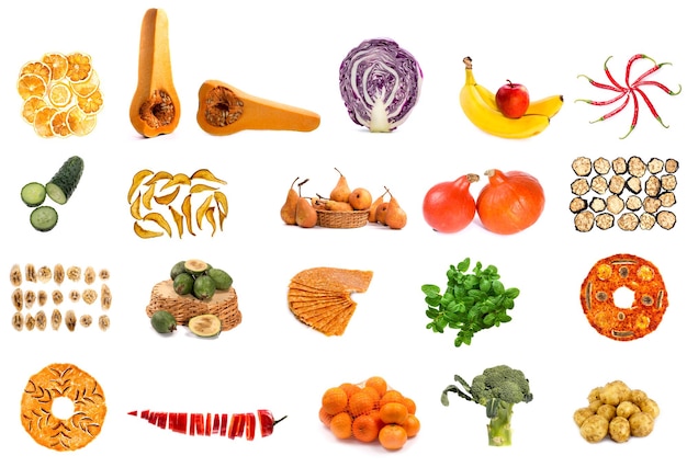 Collage from fruits and vegetables on a white background