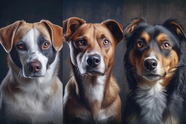 Collage from portraits of three cute dogs generative AI