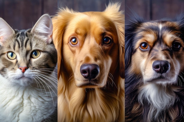 Collage from portraits of two cute dogs and beautiful cat generative AI