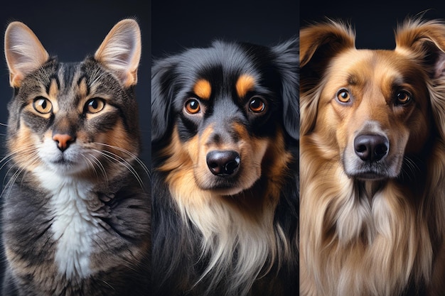 Collage from portraits of two cute dogs and beautiful cat generative AI