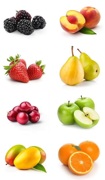 A collage of fruits including blueberries, peach, peach, and raspberry.