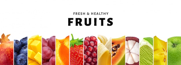 collage of fruits isolated on white with copy space, fresh and healthy fruits and berries close-up