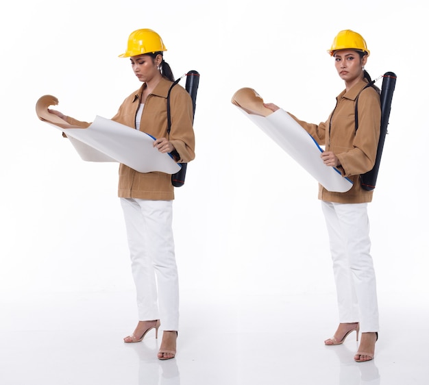 Collage full length Figure of 20s Asian beautiful Woman Engineer wear safety hard hat. Architecture Female stands and carry construction blueprint roll tube over white Background isolated
