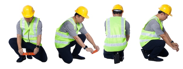 Collage full length Figure of 50s 60s Asian Elderly man Engineer wear safety vest hard hat tools. Senior male sit and balance line with bubble Level equipment over white Background isolated