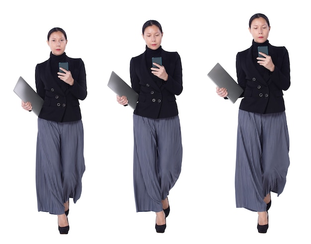 Collage full length Figure walking of 40s 50s Asian LGBTQIA+ Woman black hair suit pant and shoes. Female uses smart phone, notebook and walk poses over white Background isolated