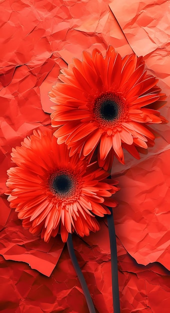 Collage of gerbera daisy flowers with bold red and bright orange color digital art concept poster