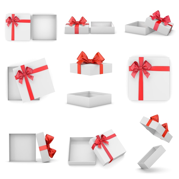 Photo collage of gift boxes against white background