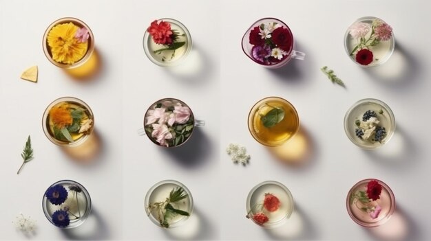 Foto collage di bicchieri di diversi tipi di tè con fiori su sfondo bianco ai generativo