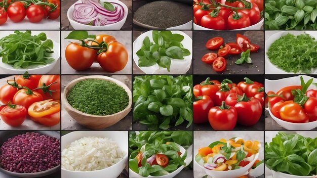 Collage of green leaves of arugula and basil sliced red spicy and bell pepper onion and tomatoes