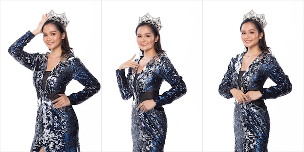 Collage groep pack portret van miss asian pageant schoonheidswedstrijd in blauw zilver pailletten avond baljurk jurk met sparkle licht diamond crown, studio verlichting witte achtergrond geïsoleerd