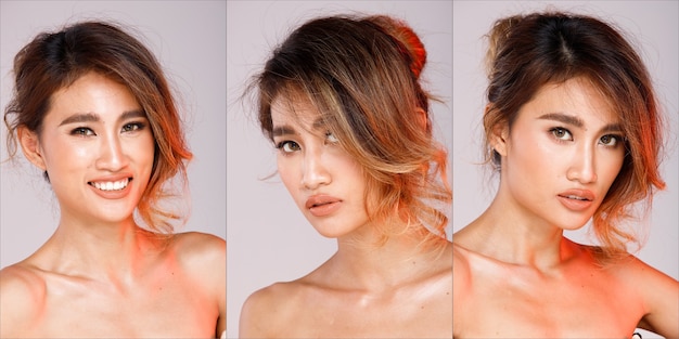 Группа коллажей Face Head Shot Портрет азиатской женщины 20-х годов черный светлый локон прически моды Косметический состав. Девушка выражает чувство позы взгляд смотрит на белый пастельный фон изолированные
