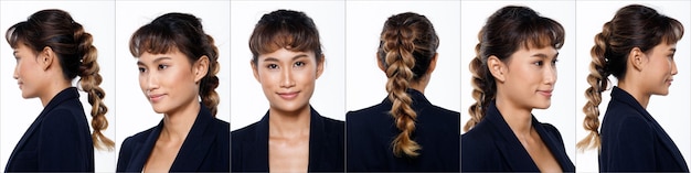 Группа коллажей Face Head Shot Портрет азиатской женщины 20-х годов коричневый цвет пиа волосы синий костюм Косметический макияж. Девушка стоит и поворачивается на 360 градусов сзади, вид сзади, многие смотрит на белый фон, изолированные