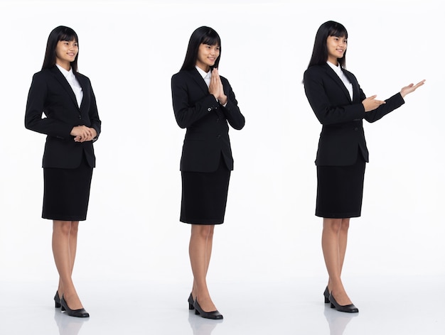 Collage Group Full length body of 20s Asian Woman black hair formal suit, skirt and shoes. Public relation office Female stands and welcome greeting poses over white Background isolated