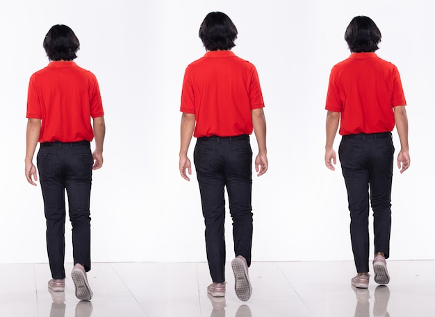 Photo collage group full length figure snap of 20s asian man black hair red shirt black pant and shoes. guy walks back action step by step over white background isolated