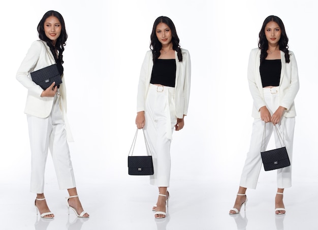 Collage Group Full length Figure snap of 20s Asian Woman black hair formal suit dress and shoes. Female carry bag and change fashion poses over white Background isolated