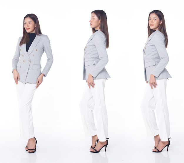 Collage Group Full length Figure snap of 20s Asian Woman brown hair business suit pant and high heels shoes. Female stands poses with feeling happy confident smile over white Background isolated